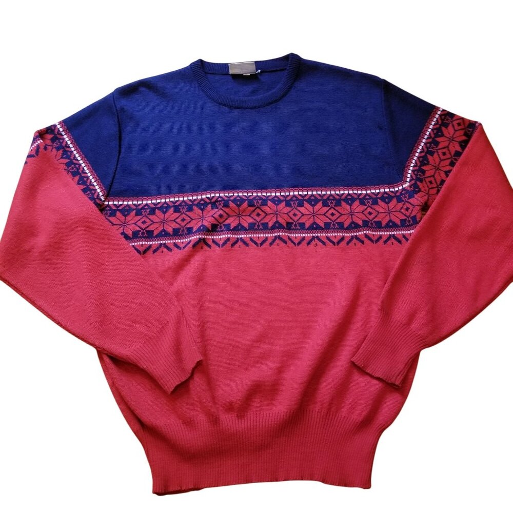 Meister L Nordic Fair Isle Sweater Pullover Blue Red‎ Wool Blend Vintage